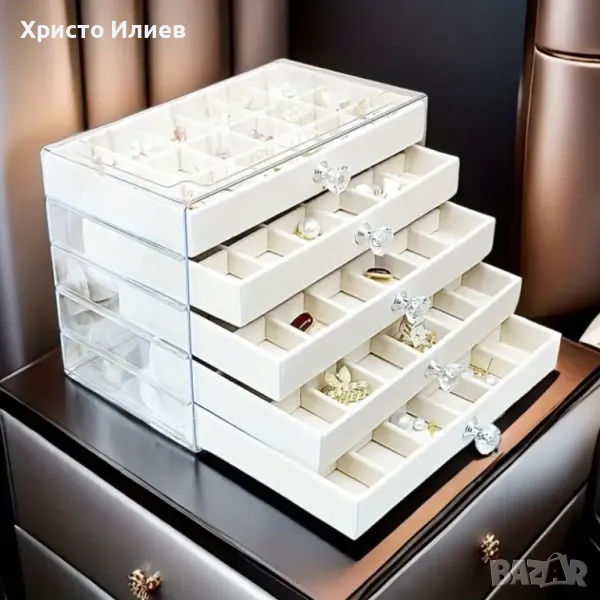 Голяма кутия за бижута с 5 чекмеджета с кадифена подплата Бежова, снимка 1