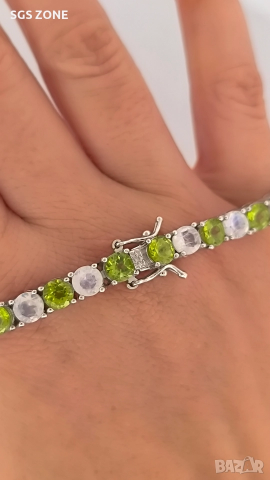 Сребърна гривна с родийно покритие, перидот и лунен камък, снимка 1