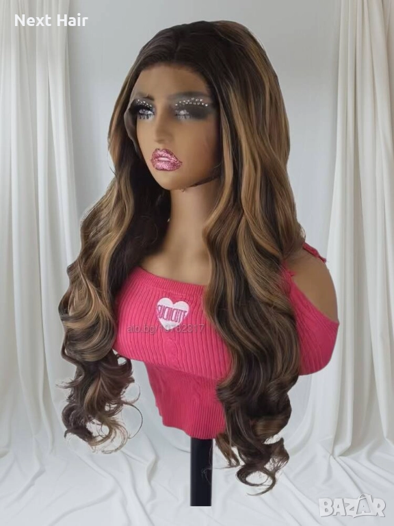 Чуплива кафява перука с руси кичури - 70-75 см, дантела 13х4, снимка 1