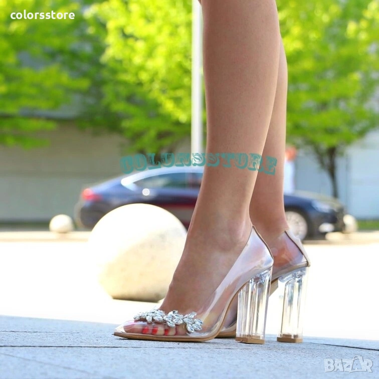 Обувки на ток - прозрачен силикон с бежов акцент - 8202, снимка 1