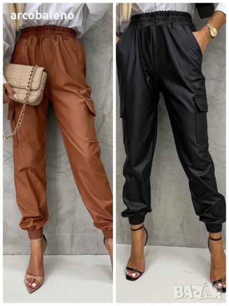 Дамски кожени панталони с прав крачол с прав ластик на талията, 2цвята, снимка 1
