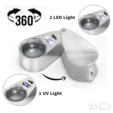 Бижутерска мощна джобна ръчна лупа сгъваема LED осветление УВ светлина камъни злато бижута 40X, снимка 4 - Други инструменти - 50919702