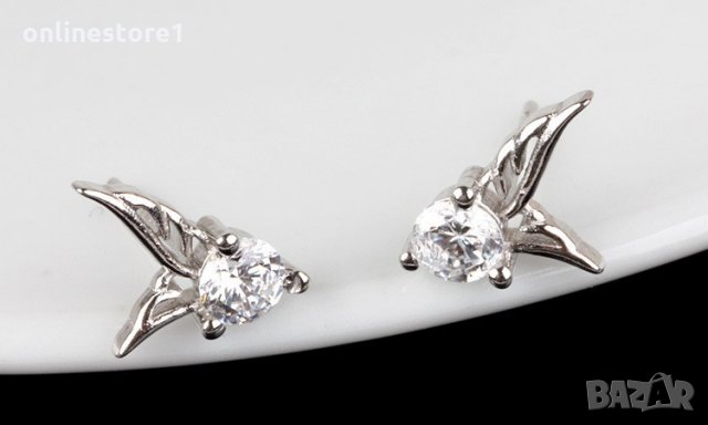 Сребърни Обеци Диамантени криле - 925 печат сребро BA216, снимка 3 - Обеци - 28147664