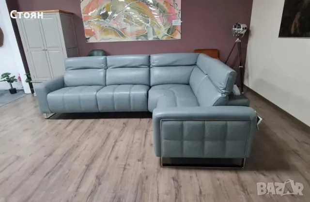  Сиво - син кожен ъглов диван "Marvella", снимка 11 - Дивани и мека мебел - 47498956