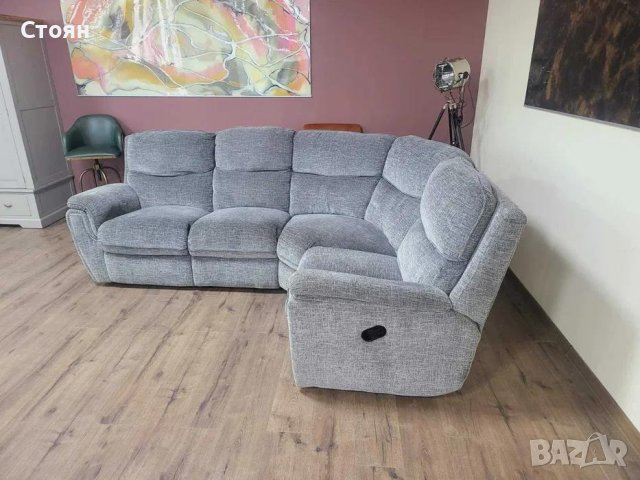 Сив ъглов диван от плат с ръчен релаксиращ механизъм, снимка 10 - Дивани и мека мебел - 43896533