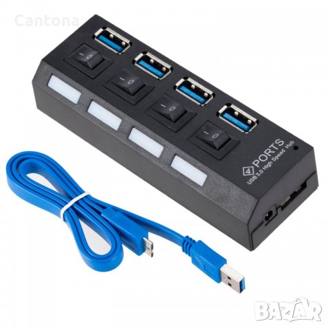 4 портов USB 3.0 Hub, Data Hub, LED, с индивидуални превключватели, снимка 2 - Други - 34895635