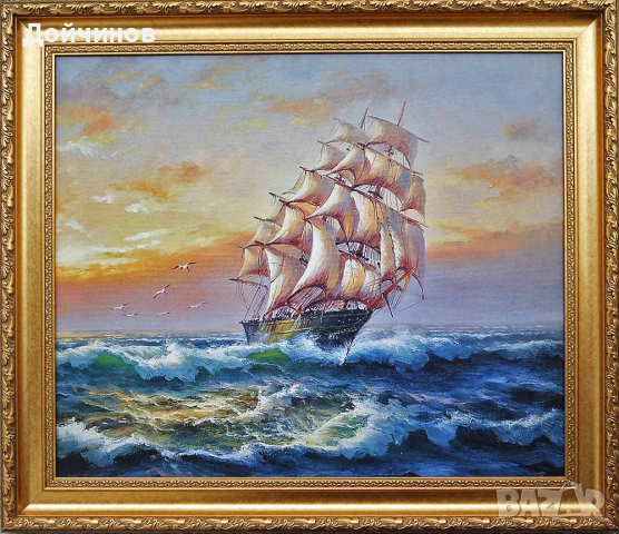 "Ноктюрно", морски пейзаж с платноход, картина, снимка 8 - Картини - 32552126