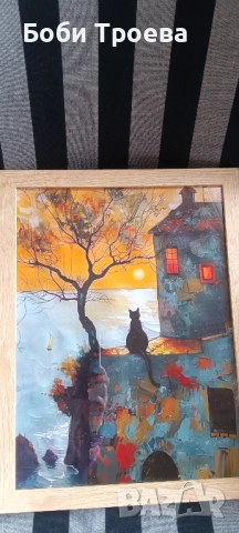 Ретро и съвременно платно - Изкуство "Черна котка и изгрев" с ярки оранжеви листа,, снимка 2 - Картини - 51995604