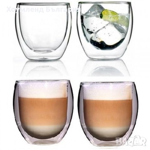 Тънкостенни чаши за кафе с двойно дъно и термо стъкло комплект 2 бр., снимка 1 - Чаши - 26792054
