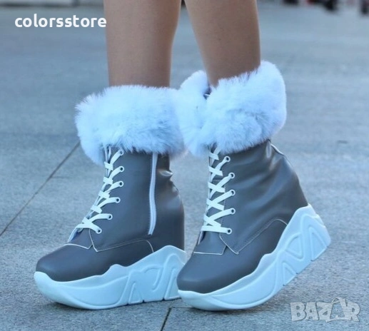 Боти на платформа - сива кожа с бял пух и бяло ходило - BPH1

