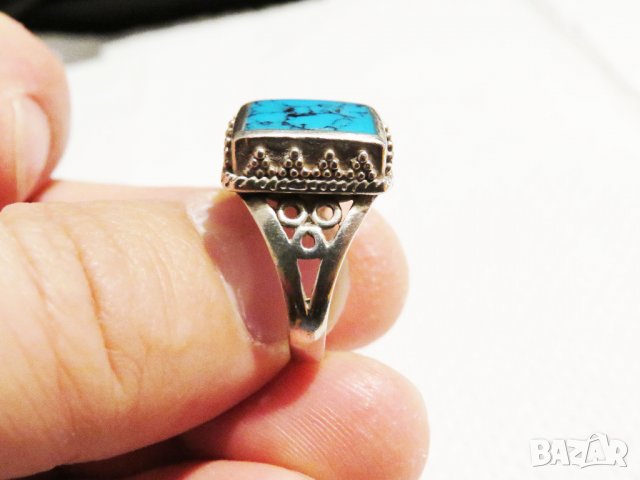 Стар Мъжки сребърен пръстен, Стар марков солиден  сребърен пръстен с Тюркоаз сребро, снимка 6 - Пръстени - 32351781