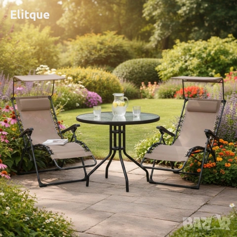 Комплект за релаксация на открито: 2 сгъваеми шезлонга с нулева гравитация и стилна масичка за кафе, снимка 2 - Други стоки за дома - 53269720