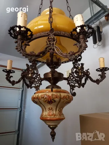 ретро полилей от месинг, порцелан и стъкло , снимка 6 - Полилеи - 48695606