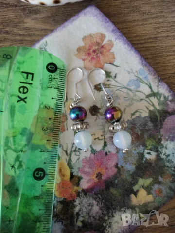 Сребърни обеци с опалит и титаниев хематит, снимка 2 - Обеци - 49992703