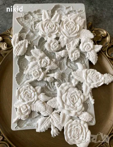 Голямо пано с много рози с листа роза силиконов молд форма фондан шоколад гипс декор