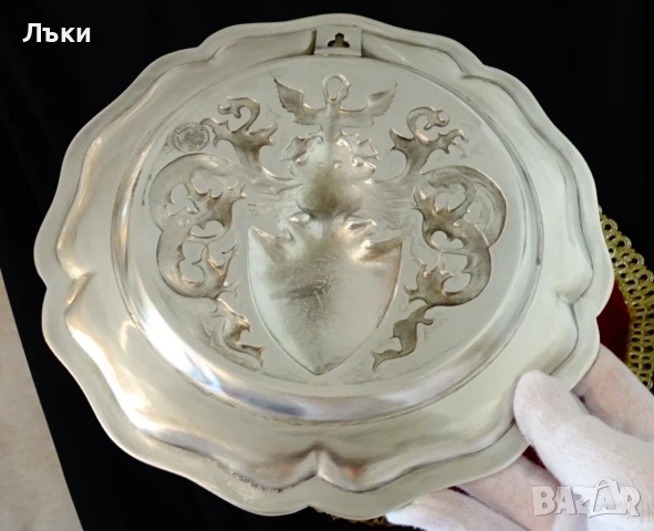 Калаена чиния,пано от калай със символи за семейство,калаена сватба. , снимка 4 - Антикварни и старинни предмети - 51395118