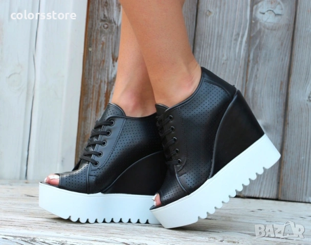 Летни боти на платформа - черна кожа - K222