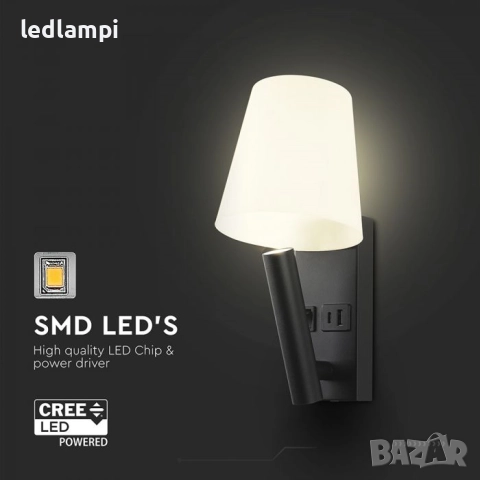 LED Аплик 2W  С USB/PD Порт Черен Топло Бяла Светлина, снимка 3 - Лампи за стена - 39671501
