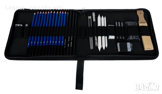 Професионален комплект за скициране 32 части в калъф – моливи, въглен, гуми и аксесоари, снимка 7 - Други - 52561137