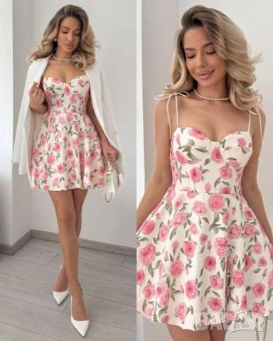 Рокля с флорален десен Бюстие с чашка Регулируеми презрамки  , снимка 2 - Рокли - 50922574