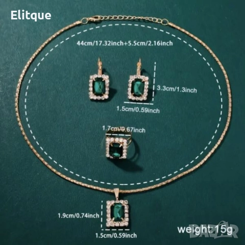 Елегантен комплект часовник и бижута с зелени кристали и златист корпус, снимка 3 - Дамски - 52853460