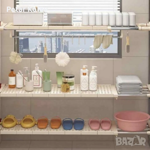 Разтегателен телескопичен рафт без пробиване 50–80 см – универсално решение за кухня, баня и гардеро, снимка 5 - Етажерки - 53514095