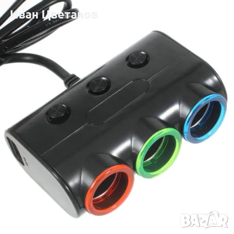 Мултифункционално зарядно за кола -  2 USB порта и 3 гнезда за запалка
