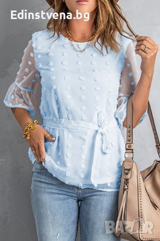 Дамска блуза в синьо с принт на точки и колан, снимка 1 - Корсети, бюстиета, топове - 40499342