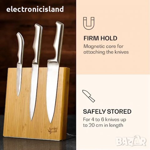 Луксозна магнитна бамбукова Стойка за ножове Klarstein, наклонена, за 4-6 ножа, неръждаема стомана, снимка 6 - Аксесоари за кухня - 40125304