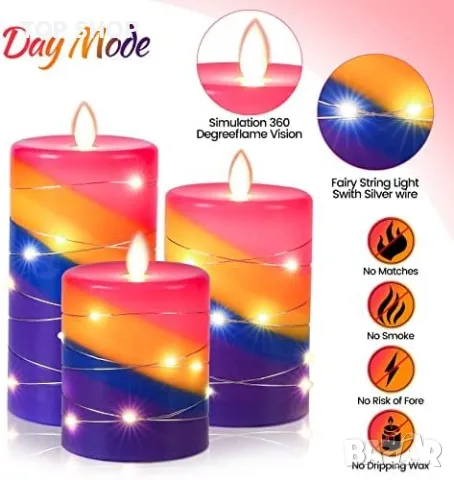 Нов комплект 3 броя безпламъчни LED свещи с дистанционно таймер декорация, снимка 4 - Декорация за дома - 49339271