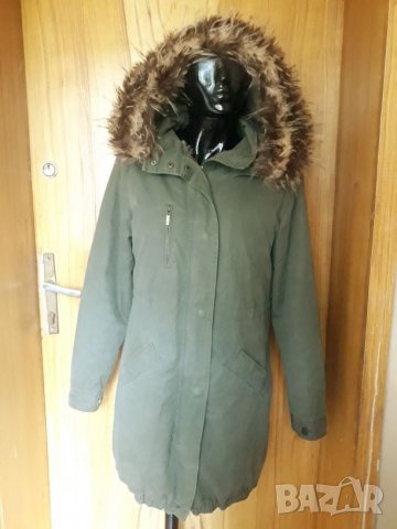 Маслено зелено яке парка с тигров хастар и качулка с косъм размер С , снимка 3 - Якета - 26740495