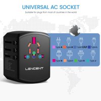 LENCENT Международен адаптер за пътуване с 3 USB порта и 1 Type-C Всичко в едно за EU/UK/USA/AUS, снимка 4 - Оригинални зарядни - 43368632