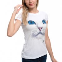 Страхотна нова дамска бяла тениска с 3D принт Котка със сини очи, снимка 3 - Тениски - 29126635