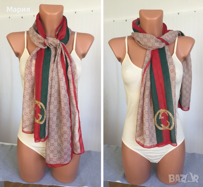 Нов Дамски Шал Gucci Прозрачен Лого Гучи Бежов Червен Зелен, снимка 1