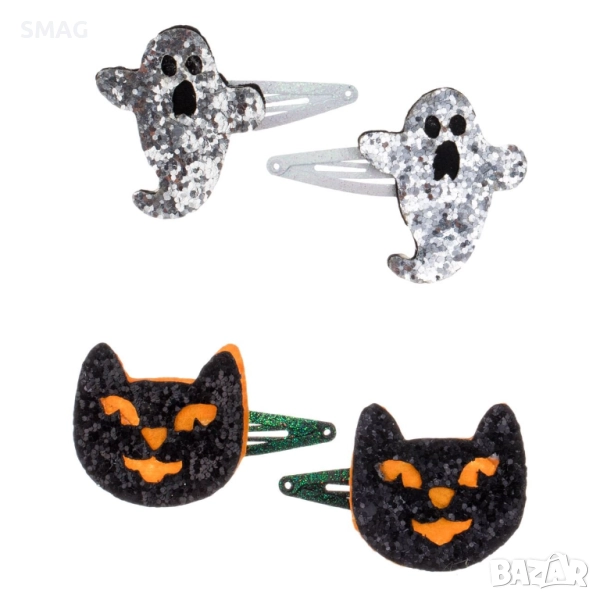 Хелоуин / Halloween фиби за коса – бели и зелени с брокат, 5.5x4 см (4 броя)_1239893, снимка 1