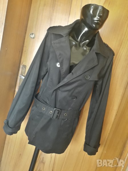 Черен тренчкот яке до под ханша с коланче Л, снимка 1
