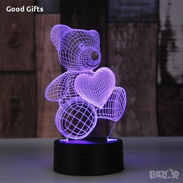 Холограмна LED лампа CREATIVE 3D Мече със сърце, снимка 1