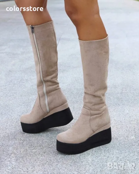 Ботуши на платформа - бежов велур с черно ходило - 136K, снимка 1