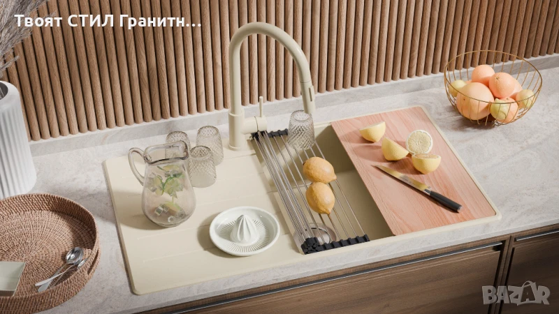 БЕж кухненска мивка от гранит Копенхаген 60 Top 900х500, снимка 1