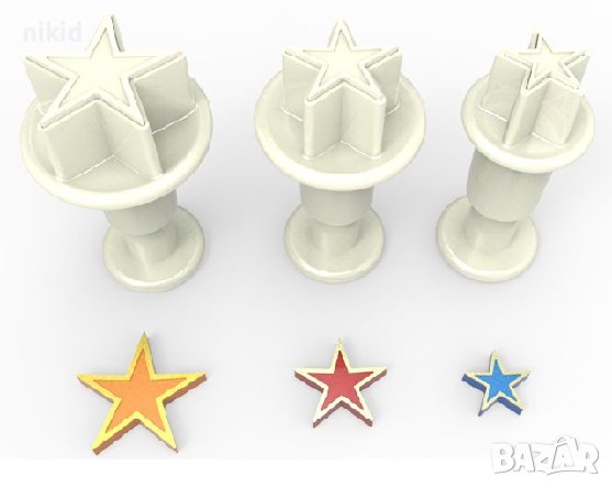 3 бр малки звезди звездички звезда с контур пластмасови резци форми резец форма с бутало за фондан, снимка 1