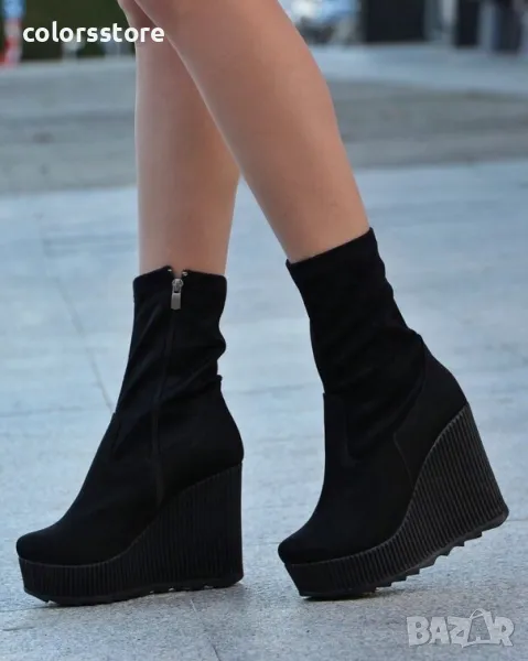 Боти на платформа - черен велур - BNPL70, снимка 1