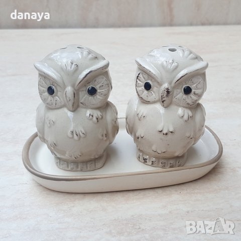 1628 Комплект керамични солнички на поставка Бухалчета, снимка 2 - Аксесоари за кухня - 44066623