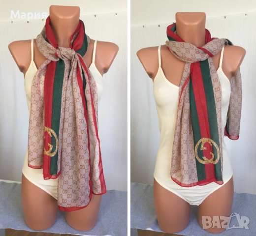Нов Дамски Шал Gucci Прозрачен Лого Гучи Бежов Червен Зелен