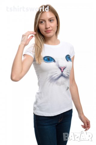 Страхотна нова дамска бяла тениска с 3D принт Котка със сини очи, снимка 3 - Тениски - 29126635