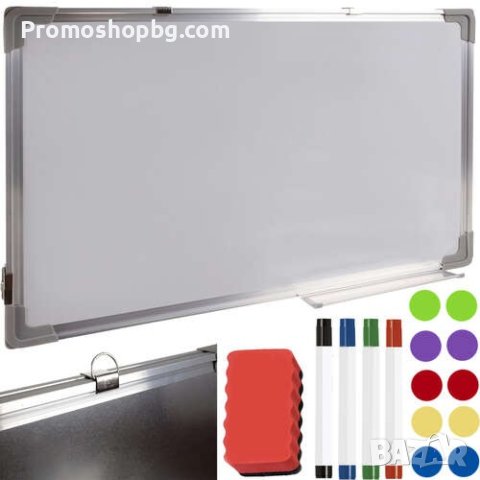 Бяла магнитна дъска за сухо изтриване 90 х 60 см + маркери, магнити и гъба
