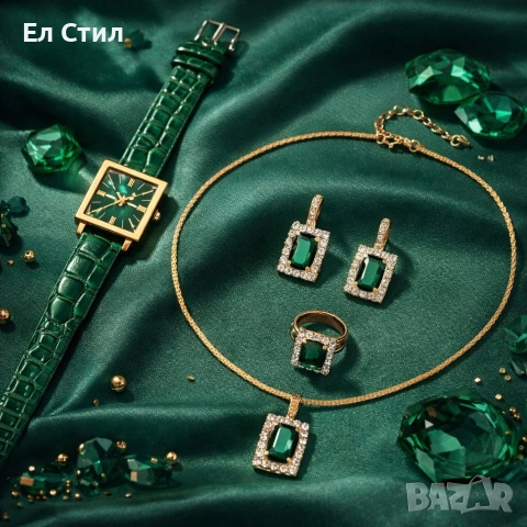 Елегантен комплект часовник и бижута с зелени кристали и златист корпус, снимка 2 - Бижутерийни комплекти - 53575692