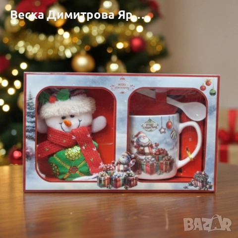 Празничен подаръчен комплект с чаша, лъжичка и снежен човек – готов за подаряване, снимка 3 - Коледни подаръци - 52573971