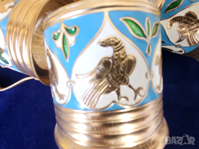 Подстакани к-т 6 броя с оригинални термо чаши, СССР, метални с емайл (ръчна работа), красиви, нови, снимка 3 - Чаши - 51624738