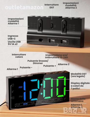 LIORQUE Будилник за нощно шкафче, цифров будилник с 8 цвята голям LED дисплей, снимка 4 - Друга електроника - 52734727