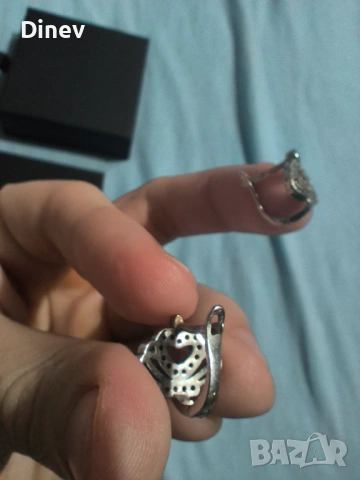 Сребърни обеци проба 925, тип сърца-коронки, снимка 5 - Обеци - 53447000